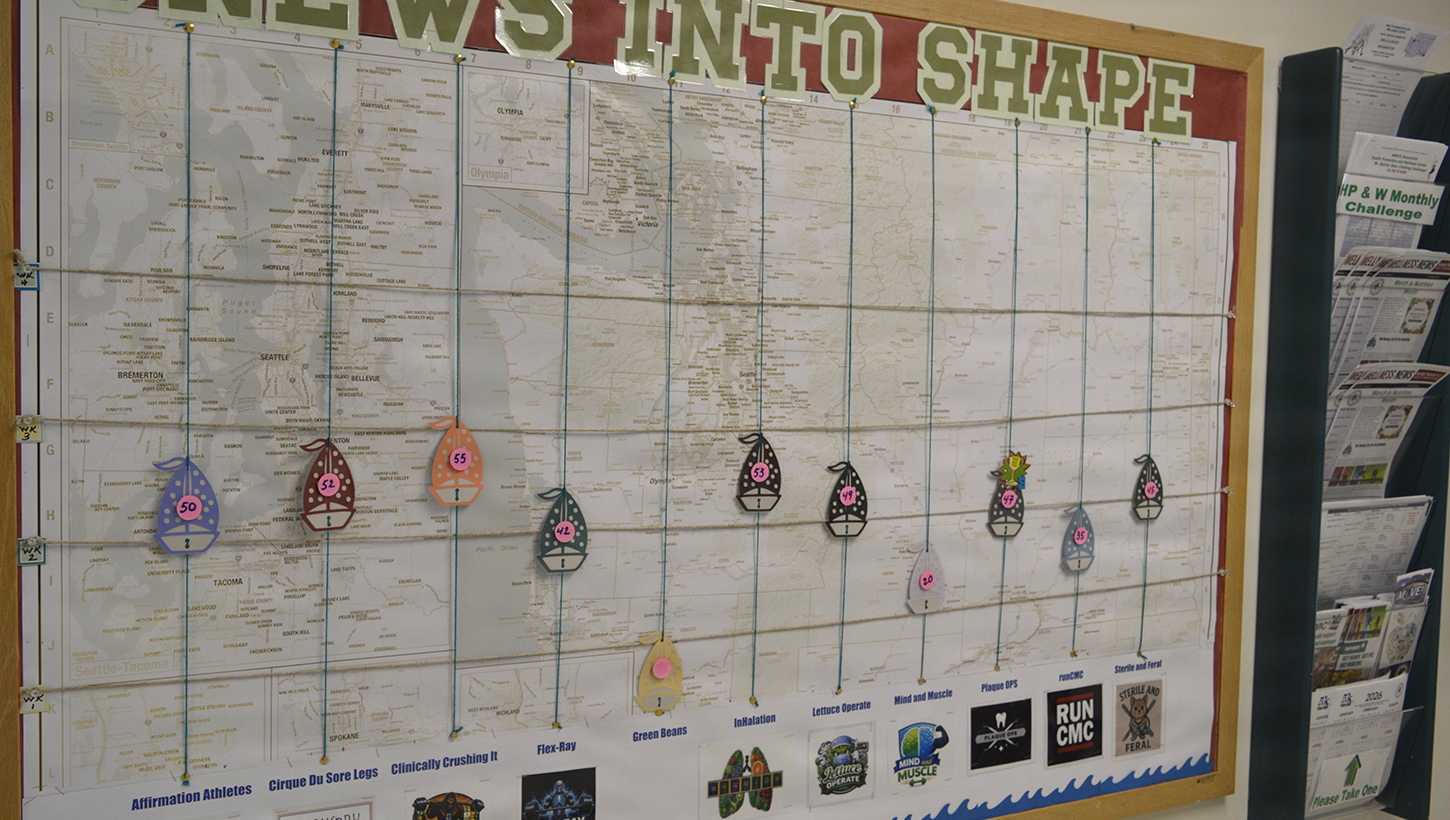 Naval Hospital Bremerton’s Crews into Shape Challenge [for March] has Branch Health Clinic Everett’s Specialty Clinic team, Clinically Crushing It, continuing to hold on to their first place lead with 55 points, closely followed by Industrial Hygiene’s InHalation team pushed in second place with 53 points, with Health Promotion’s Cirque Du Sore Legs in third place with 52 points. 