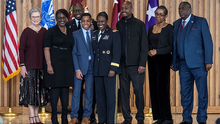 Image of Lt. Gen. Telita Crosland, the Defense Health Agency’s fourth director and first African American DHA director, poses with family and friends after she was promoted to Lieutenant General on Jan. 20, 2023. (Photo by Robert Hammer).