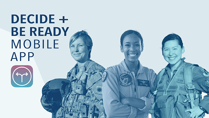 Picture of three different women with the words "decide and be ready mobile app" 