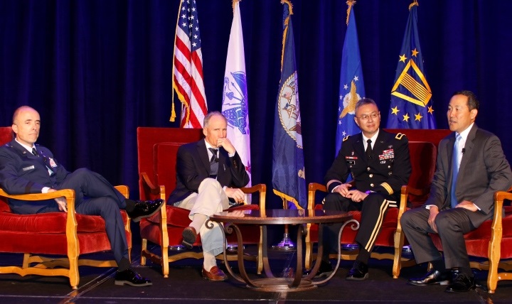 Guy Kiyokawa, deputy director for the Defense Health Agency (far right) is joined by (from left to right) Brig. Gen. Robert Miller, Air Force Medical Operations Agency; Dr. Michael P. Malanoski, executive director for the Navy’s Bureau of Medicine and Surgery; and Brig. Gen. John Cho, the deputy chief of staff for Support, United States Army Medical Command at the Defense Health Information Technology Symposium (DHITS) in Orlando, Florida on Aug. 2, 2016. 
