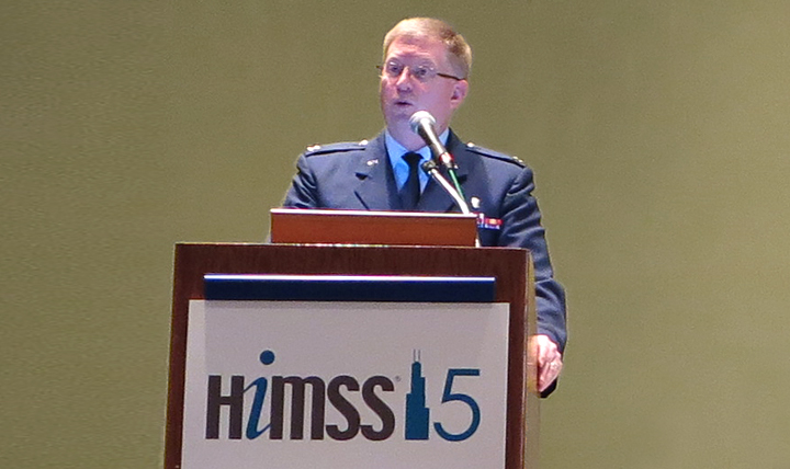 Air Force Col. Albert Bonnema, chief of Information Delivery for the Defense Health Agency (DHA) speaks at the Healthcare Information and Management Systems Society (HIMSS) annual conference in Chicago.