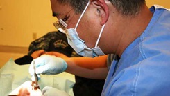 U.S. Naval Hospital Bremerton's oral surgery team recently visited nearby Bud Hawk Elementary School to promote Children’s Dental Health Month, which included teaching a classroom full of first graders the importance of brushing all surfaces of their teeth and flossing properly with visual aids and props. Dentistry is vital for service member readiness, and lack of care might temporarily derail a mission. (Photo by Douglas Stutz/U.S. Navy)