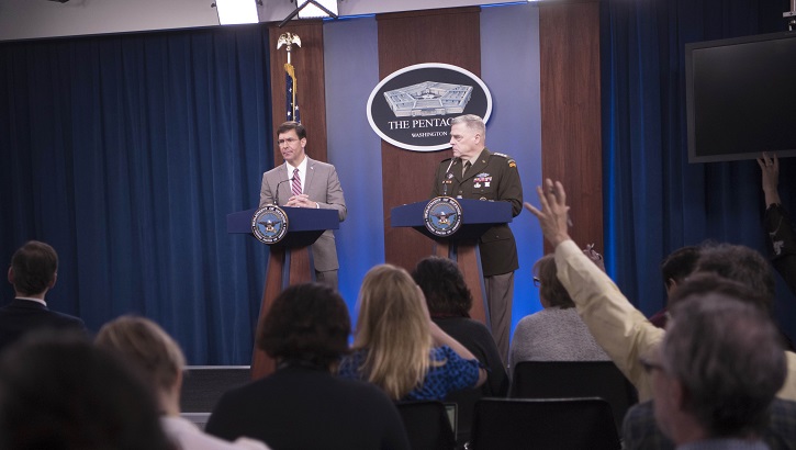Defense Secretary Dr. Mark T. Esper and Army Gen. Mark A. Milley, chairman of the Joint Chiefs of Staff, speak to reporters at the Pentagon, March 2, 2020. (DoD photo Lisa Ferdinando)