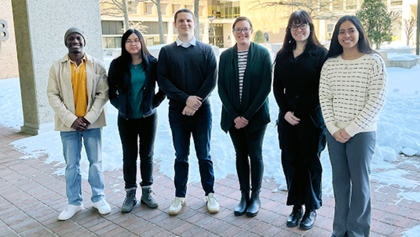 (Left to right) Lovens Paul (1st year MCB Graduate Student), Alexi Misciagna (Research Assistant II, BIO), Anthony Erb (5th year MCB Graduate Student), Sara Young-Baird (PI, Assistant Professor, BIO), Megan Rasmussen (4th year MCB Graduate Student), and Ambar Rodriguez-Martinez (2nd year MCB Graduate Student).