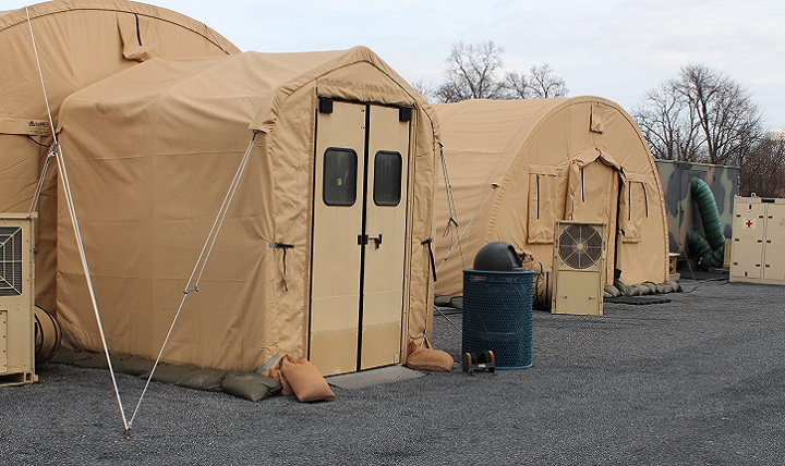 A 10-bed Expeditionary Medical Support Hospital (EMEDS+10) set up at the Air Force Medical Evaluation Support Activity testing facility at Fort Detrick, Maryland. AFMESA tests medical devices to ensure they will work in the field and survive the rigors of deployment. Many devices tested by AFMESA are used in EMEDS facilities, making it a critical testing location. (U.S. Air Force photo by Shireen Bedi)