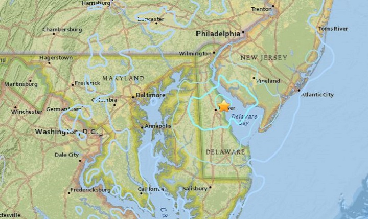 A map of Delaware and the surrounding areas where a magnitude 4.1 earthquake occurred Nov. 30, 2017, six miles northeast of Dover is shown. (Courtesy photo)