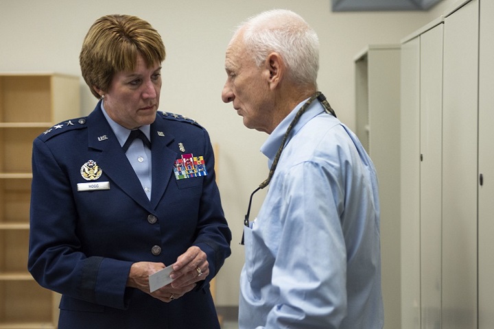 Lt. Gen. Dorothy Hogg, Air Force Surgeon General, talks with a veteran during a tour of the Air Forceâ€™s first Invisible Wounds Center at the Eglin Air Force Base, Fla. The IWC will serve as a regional treatment center for post-traumatic stress, traumatic brain injury, associated pain conditions and psychological injuries. (U.S. Air Force photo)
