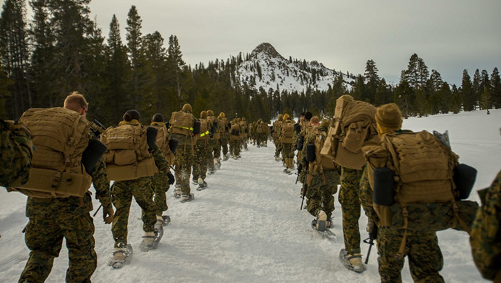 Image of Group of Marines, snowshoeing through the snow.