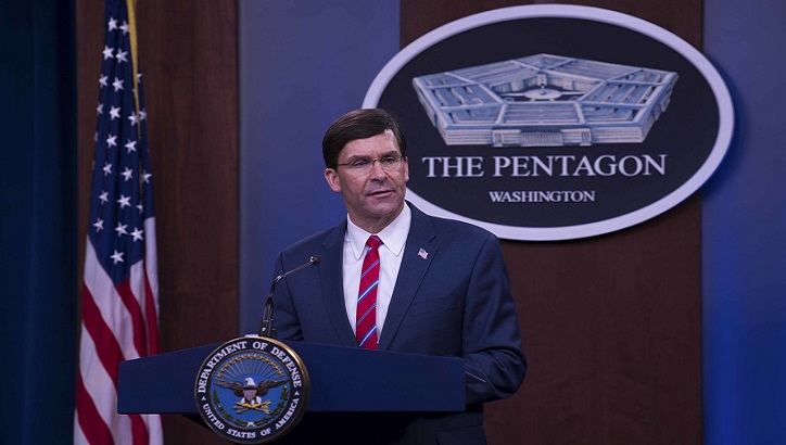Defense Secretary Dr. Mark T. Esper speaks to reporters during a news conference at the Pentagon to discuss the department's efforts in response to the COVID-19 pandemic, March 23, 2020. (DoD photo by Army Staff Sgt. Brandy Nicole Mejia)