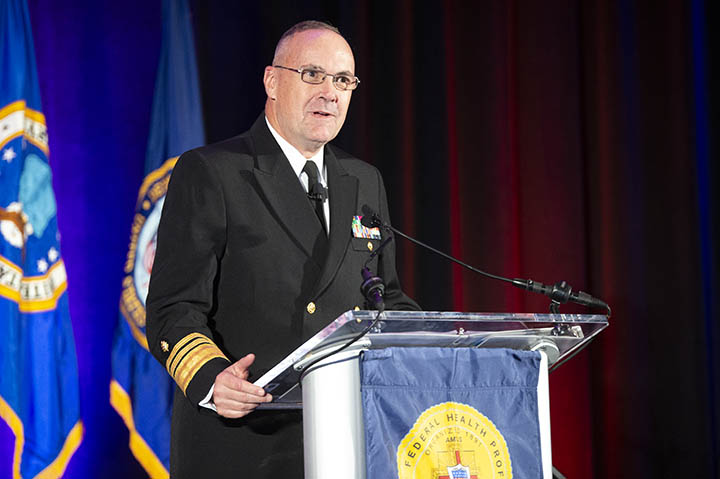 Vice Adm. C. Forrest Faison III, U.S. Navy surgeon general, delivers remarks at the opening of the AMSUS 2018 annual meeting.