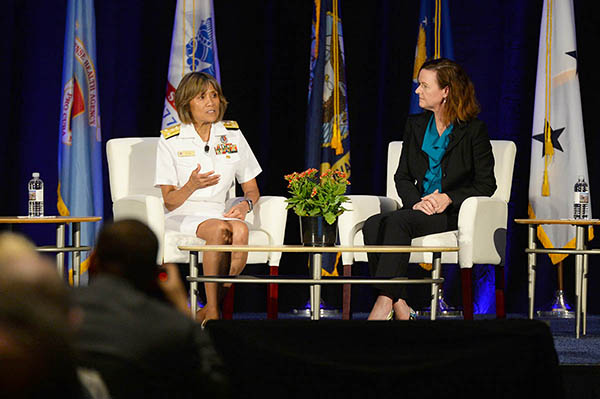 Vice Adm. Raquel C. Bono, director of the Defense Health Agency, and Ms. Stacy Cummings, Program Executive Officer for Defense Health Management Systems, answer questions about the progress of MHS GENESIS electronic Health record during the 2018 Defense Health Information Technology Symposium July 24 in Orlando, Florida.