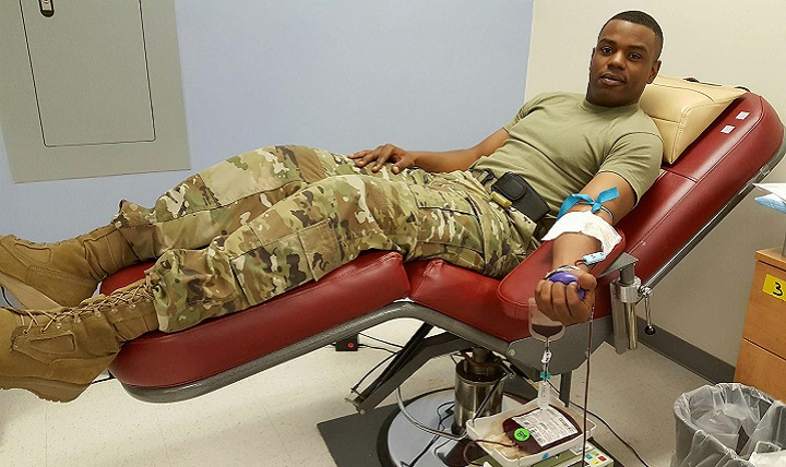 Army Sgt. Preston Campbell, donates for the low titer type O whole blood program at the Kendrick Memorial Blood Center on Fort Gordon, Georgia. (Courtesy photo)