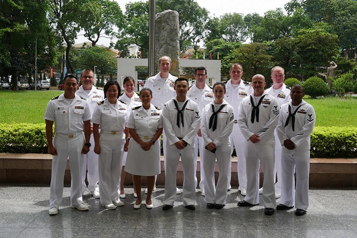 The 13 Navy Medicine members stand together on the first day of the Integrated Trauma and Medical Readiness Exchange engagement in Vietnam. (U.S. Navy photo by Capt. Joel Roos)