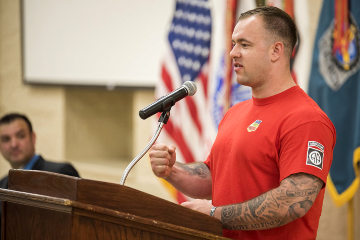 Army Sgt. Jon Harmon lost both legs after stepping on an improvised explosive device while on a 2012 Afghanistan mission. Today he speaks to commands and veterans about his personal struggle with mental health and how he works to overcome it. (Photo by Kevin Fleming, U.S. Army Sustainment Command) 