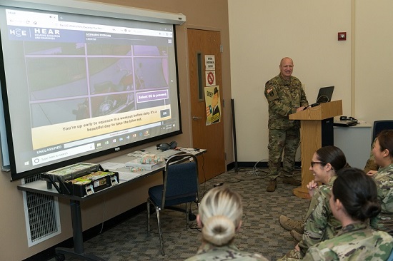Lt. Col. John Merkley, chief of the Army Hearing Division, Army Public Health Center, demonstrates the HEAR course to Army audiologists during the 3rd Annual Army Public Health Course in August 2018. (U.S. Army photo)