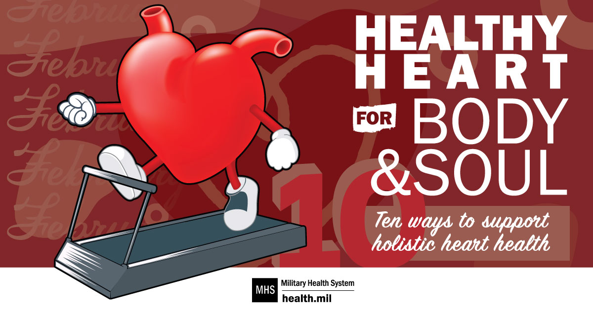 Image of picture of a heart running on the treadmill with the words "healthy heart for body and soul. ten ways to support holistic heart health".