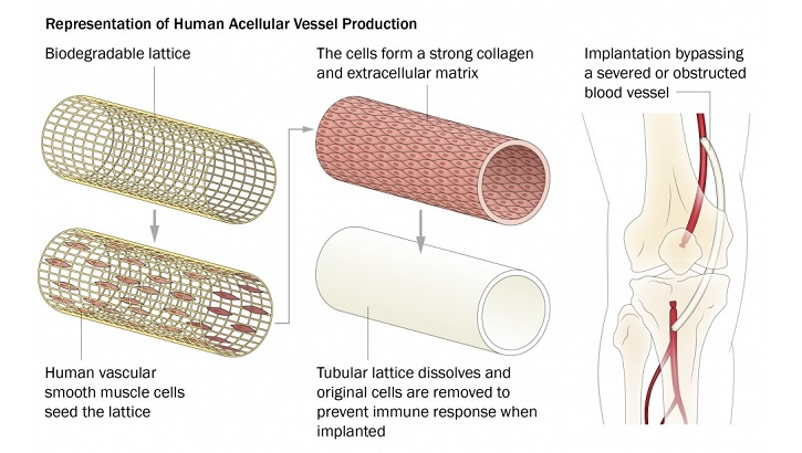 Development of the Human Acellular Vessel, or HAV, starts by taking living cells from a human blood vessel and placing them onto a tube-shaped frame. These vascular cells are kept alive in an organ chamber, growing around the tube-shaped lattice. Over time, the lattice that was used to seed the original vascular cells dissolves, and scientists remove the original cells so the new vessel doesn’t cause an immune response when it’s implanted. What is left is a solid, tubular structure made of human vascular material that looks and acts like a blood vessel -- thus, the bio-engineered and newly-grown blood vessel, or HAV. (USU medical illustration by Sofia Echelmeyer)