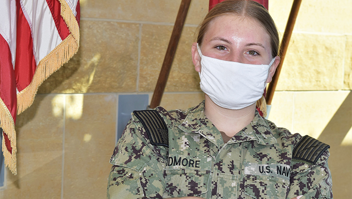 Image of Corpsman conviction of care, compassion and competence…Hospitalman Grace Pridmore, from Kellyville, Okla., assigned to Navy Medicine Readiness and Training Command (NMRTC) Bremerton Detachment Puget Sound Naval Shipyard (PSNS), was acknowledged for her selfless effort by Capt. Shannon J. Johnson, NMRTC Bremerton commanding officer, for identifying another Sailor at risk and taking quick action to help get the Sailor to the appropriate level of care, very possibly saving a life (official Navy photo by Douglas H Stutz, NHB/NMRTC Bremerton public affairs officer). Click to open a larger version of the image.