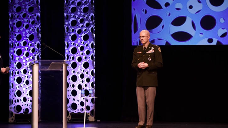 Image of Army Lt. General (Dr.) Ron Place during his speech at the Healthcare Information and Management Systems Society conference held in Orlando, Florida, March 2022. Place’s speech detailed his thoughts on solutions to military health care readiness. (Photo: Claire Reznicek, MHS Communications). Click to open a larger version of the image.