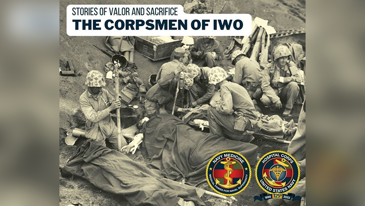 Amidst Iwo Jima's black sand and the wreckage of war, hospital corpsmen struggle to save wounded marines shortly after the initial landings. Life saving plasma flows into two patients while a deceased comrade lies alongside. Few ratings have been more impacted by a single battle than Navy hospital corpsmen at Iwo Jima. Nearly 80 years later the battle for Iwo should be remembered as a memorial to the fallen, to their service, but also the shear grit and resilience of those Navy corpsmen who answered the call.  (Photo By André Sobocinski)