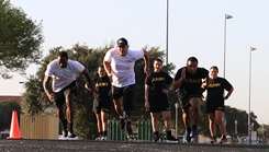 Soldiers from the Joint Base San Antonio Soldier Recovery Unit explode out of their starting positions at the track event during the JBSA SRU Adaptive Sports Camp and Trials, Fort Sam Houston, Texas, Oct. 21, 2024. The Adaptive Sports Camp featured 11 events (wheelchair basketball, sitting volleyball, track, field, archery, swimming, powerlifting, rowing, cycling, air rifle, air pistol) and introduced Pickleball as an exhibition sport. (DOD photo by Robert A. Whetstone)