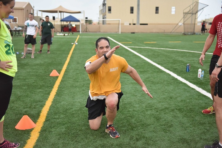 Navy Lt. Cmdr. Chris Lopez, chief of strategic outreach and engagement for the Military Health System, competes in an event during the Camp Lemonnier Amazing Race in Djibouti. (Courtesy photo) 
