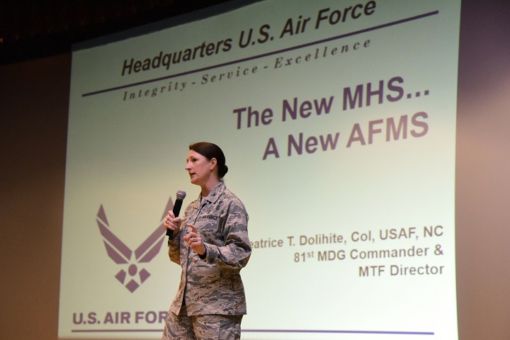 Air Force Col. Beatrice Dolihite, 81st Medical Group commander, briefs Keesler Medics on the Keesler Medical Center's transition to the Defense Health Agency during a commander's call at the Welch Theater on Keesler Air Force Base, Mississippi, Oct. 1, 2018. (U.S. Air Force photo by Kemberly Groue)