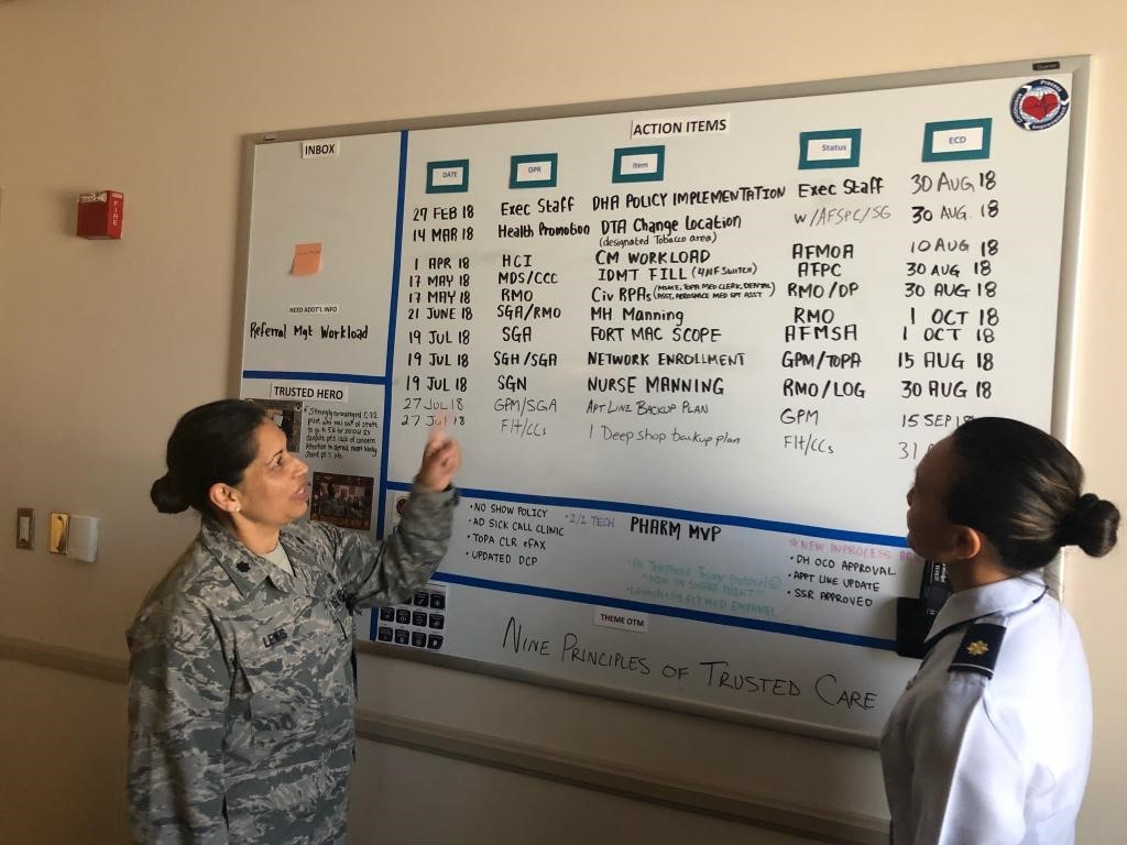 Lt. Col. Laura Lewis points to the whiteboard as she speaks with Maj. Jill Hibbert about action items on the leadership daily management board. The 61st Medical Squadron at the Los Angeles Air Force Base discuss uses the boards to track information shared during huddles to improve visibility and accountability.