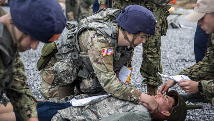Military personnel during the annual medical field practicum
