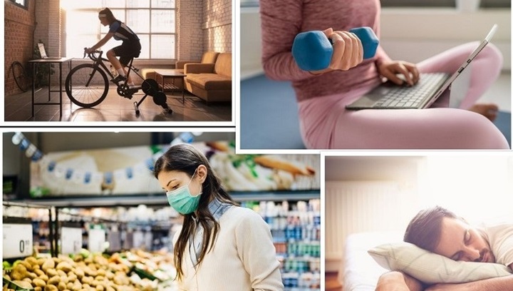 Image of A collage of four pictures of people exercising, sleeping and eating healthy food. Click to open a larger version of the image.