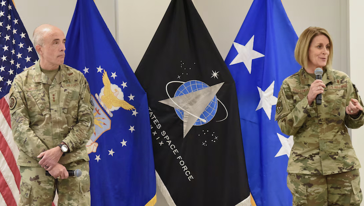 Lt. Gen. Robert Miller, U.S. Air Force Surgeon General, and Chief Master Sgt. Dawn Kolczynski at DHA HQ