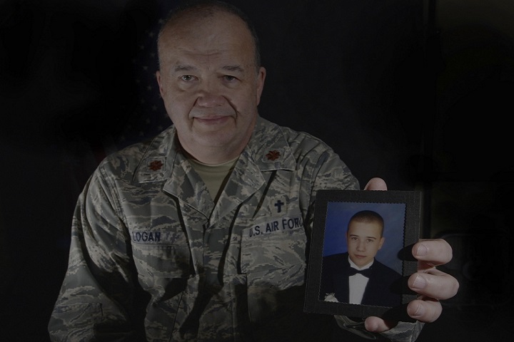 Air Force Maj. William Logan, a chaplain with the 35th Fighter Wing, holds a picture of his son, Zac, who committed suicide. Suicide among teenagers remains a concern. (U.S. Air Force photo by Airman 1st Class Jordyn Fetter)