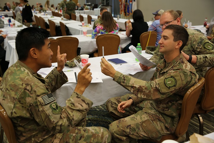 Military health care providers practice administering the MACE 2 during a two-day TBI workshop led by DVBIC at Fort Belvoir, Virginia. (Photo by Carlson Gray)