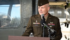 U.S. Army Brig. Gen. Clinton Murray, commanding general of the U.S. Army Medical Center of Excellence, speaks at the ceremony recognizing the passing of the “Dustoff Crews of the Vietnam War Congressional Gold Medal Act.” The event was held at Joint Base San Antonio, Fort Sam Houston, Texas, on Oct. 28, 2024. Members of various veteran organizations and associations representing the “Dustoff” Crews” were in attendance. The event highlighted the historic recognition of the aircrews who flew directly into danger to save lives. (Photo by Jose Rodriguez)
