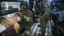 U.S. Army Flight Paramedics assigned to 3rd General Support Aviation Battalion, 82nd Combat Aviation Brigade, 82nd Airborne Division, train with and assess an in-flight casualty to better the design for the current aircraft that is being utilized for in-flight treatments. The 82nd Airborne Division has partnered with the Future Vertical Lift—Cross Functional Team and the Program Executive Office—Aviation to help future medevac operations by shaping the design of the medical cabin of the future long range assault aircraft. (Photo by U.S. Army Sgt. Lilliana Magoon) 