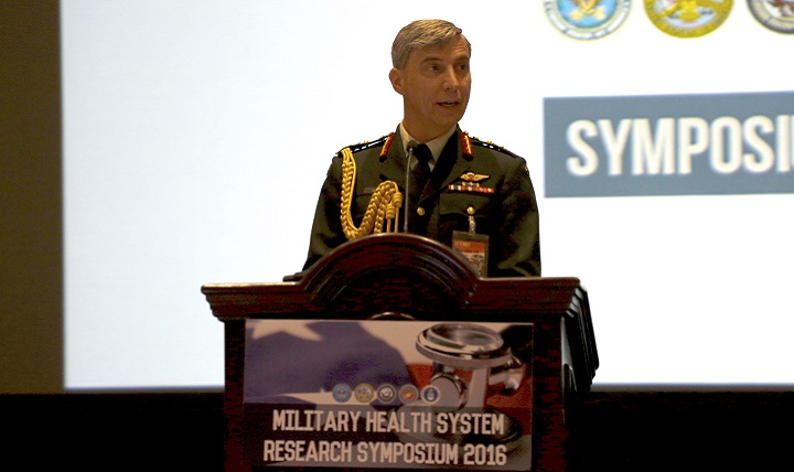 Canadian Maj. Gen. Jean-Robert Bernier, chairman/president of the Committee of Chiefs of Military Medical Services in the North Atlantic Treaty Organization (NATO) opened day two of the MHS Research Symposium on Aug. 16, 2016 with remarks about the health research in NATO and the importance of partnering with ally organizations.