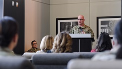 U.S. Air Force Col. Robert Corby, 316th Wing Medical Group commander, gives an introductory speech during the celebration of U.S. Air Force Maj. Gen. Malcolm Grow’s 136th birthday at Joint Base Andrews, Md., Nov. 20, 2023. Members of the 316th Medical Group gathered to recognize Grow’s achievements and share stories of his historical legacy. (Photo by U.S. Air Force Senior Airman Bridgitte Taylor) 