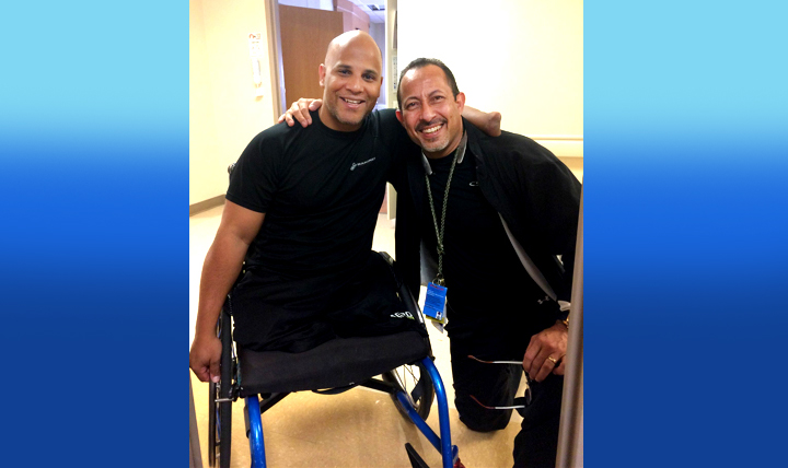 Nurse Manny Santiago (right) with retired Marine Corps Sgt. Carlos Evans in October at Walter Reed National Military Medical Center in Bethesda, Maryland. Santiago said he “had the privilege of taking care of this young man” after Evans stepped on an improvised explosive device in Afghanistan in May 2010 during his fourth combat deployment. The two men discovered they’re both from the same hometown in Puerto Rico. (Courtesy photo)