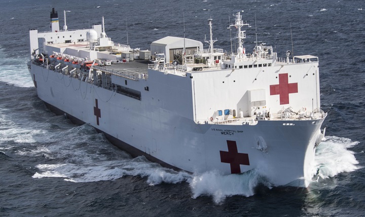 The hospital ship USNS Mercy departs Naval Base San Diego in support of Pacific Partnership 2018, Feb. 23, 2018. Pacific Partnership, now in its 13th iteration, is the largest annual multinational humanitarian assistance and disaster relief preparedness mission conducted in the Indo-Pacific. (U.S. Navy photo by Petty Officer 2nd Class Kelsey Adams)