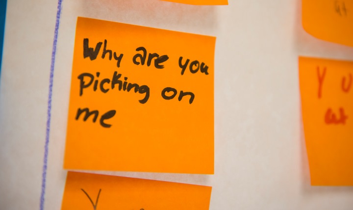 A note about social media written by one of the participants of an Air Force resiliency teen camp is displayed in a classroom. (U.S. Air Force photo by Staff Sgt. Jared Trimarchi)