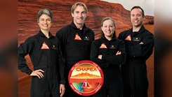 U.S. Navy Lt. Anca Selariu (far left), a microbiologist with Naval Medical Research Unit INDO-PACIFIC, poses with other members of the NASA Crew Health and Performance Exploration Analog’s first mission. The CHAPEA missions, simulated expeditions to the surface of Mars, aim to collect critical data which will inform future human expeditions to space. (Courtesy photo/NASA) 