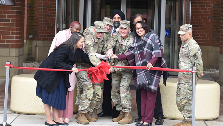 A ribbon-cutting ceremony was held at Womack Army Medical Center signifying the official opening of the Joint Inpatient Dialysis Center. U.S. Army Brig. Gen. Lance Raney, U.S. Army Col. David Zinnante and Marri Fryar cut the ribbon with team members who were dedicated to make the initiative work. Tiffany Wise, retired U.S. Army Maj. Santwon Walker, U.S. Army Col. David De Blasio, Dr. Manpreet Bhutani, Dr. Dinesh Chandra and U.S. Army Maj. Robert Gaeta. (Keisha Frith/Department of Defense)
