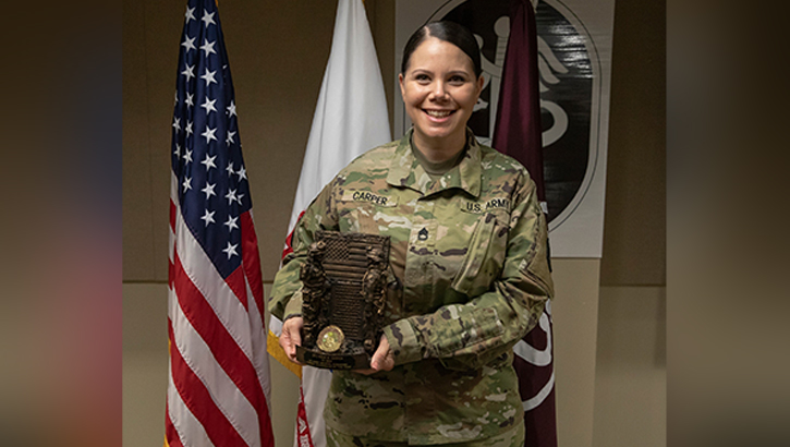 U.S. Army Sgt. 1st Class Angie Carper, Madigan Army Medical Center, representing Medical Readiness Command, Pacific, won the 2024 Medical Command Career Counselor of the Year.  (Photo: Joseph Kumzak/U.S. Army)