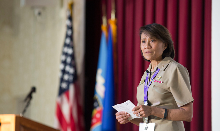 National Capital Region Medical Director U.S. Navy Rear Adm. Raquel C. Bono gives remarks at the Joint Base Myer-Henderson Hall Community Center during the National Capital Region Quality Conference April 28. (Joint Base Myer-Henderson Hall PAO photo by Damien Salas)