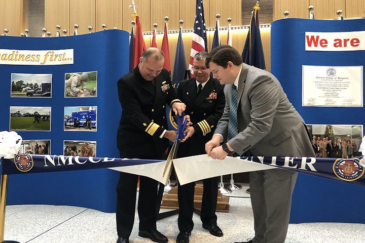(Left to right) Navy Rear Admiral Terry Moulton, Deputy Surgeon General, Navy Capt. Jeffrey Timby, NMCCL Commanding Officer, and Adam Caldwell, Regional Representative for US Senator Thom Tillis, cut the ceremonial ribbon for the NMCCL Trauma Center. (Courtesy photo)