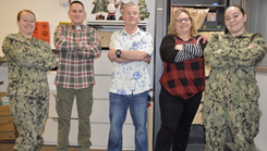 Subject matter experts in service before self …Naval Hospital Bremerton’s Medical Board department - L to R, Hospital Corpsman 2nd Class Laura Denmark, Todd Mears, Christopher Angstead, April Dinucci and Hospital Corpsman 3rd Class Jovana Losada - specialize in handling medical administrative nuances of physical and mental health cases from cradle to grave. (Official Navy photo: Douglas H Stutz, NHB/NMRTC Bremerton public affairs officer)