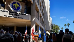 U.S. Secretary of the Navy Carlos Del Toro announced the future expeditionary medical ship will be named USNS Balboa during a ceremony at Naval Medical Center San Diego on Oct. 27, 2023. The future USNS Balboa honors the legacy and commitment of U.S. Navy doctors, nurses, corpsmen, and staff of Balboa Naval Hospital. (Photo by U.S. Navy Mass Comm. Spec. Shannon Renfroe)