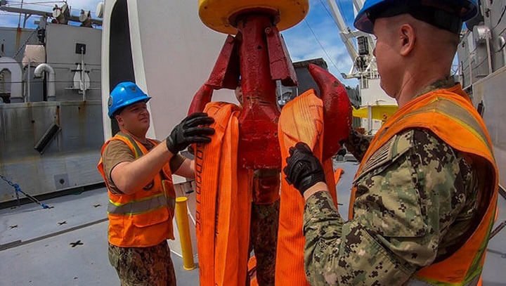 Image of Military personnel working on a crane.