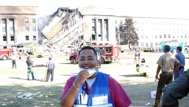 Image of "Merwynn Pagdanganan, a federal health care IT specialist at the Pentagon, was there the morning of Sept. 11, 2001. He jumped into action to support the emergency responders aiding and evacuating the injured (Courtesy of Merwynn Pagdanganan).". Click to open a larger version of the image.