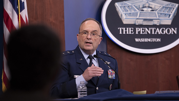 Image of Air Force Maj. Gen. (Dr.) Lee Payne speaking, with Pentagon sign behind him